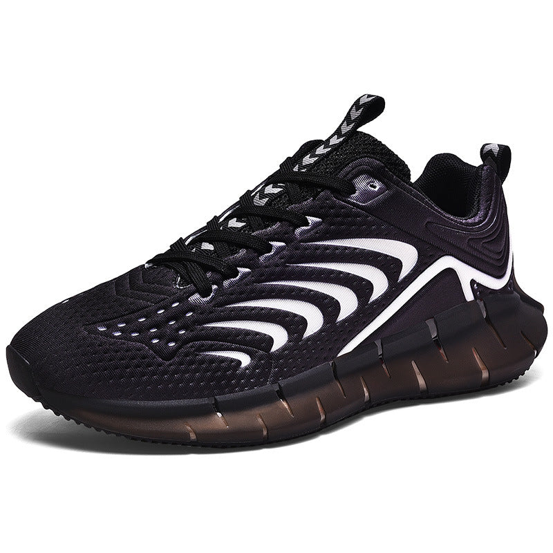 Black athletic shoe with white swoosh design on a white background