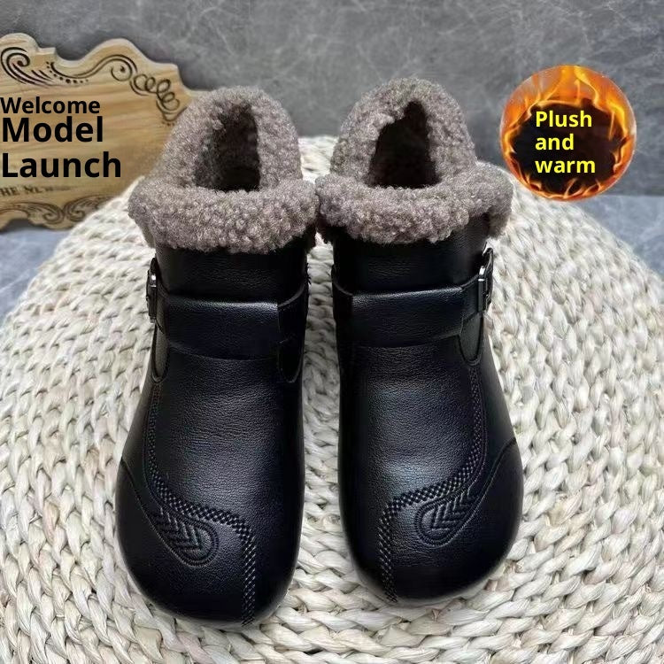 Black boots with gray fur lining on a textured surface, with promotional text overlay.