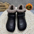 Black boots with gray fur lining on a textured surface, with promotional text overlay.