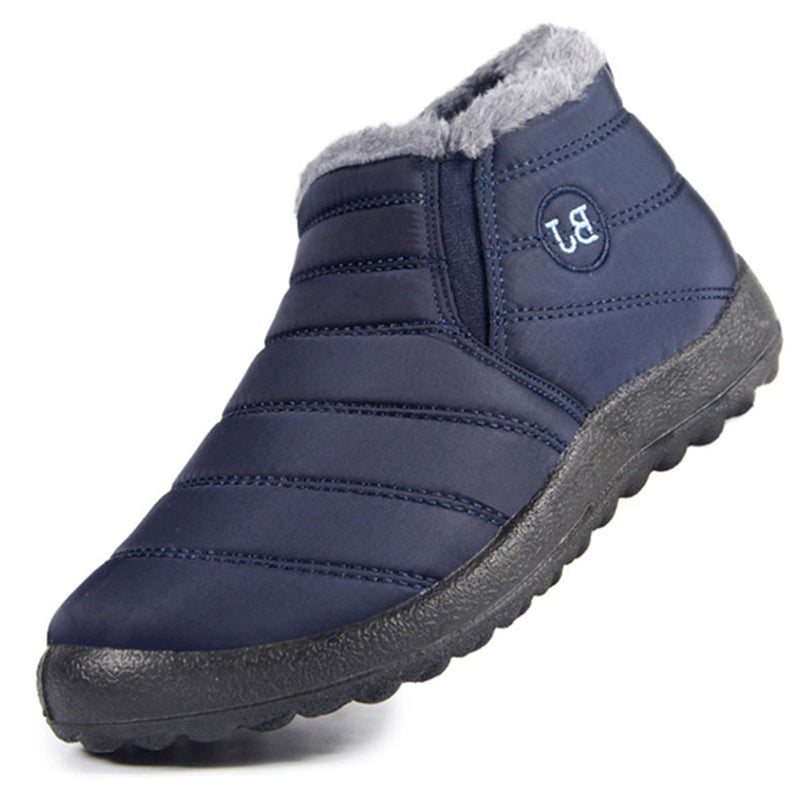 Blue winter boot with gray lining on a white background