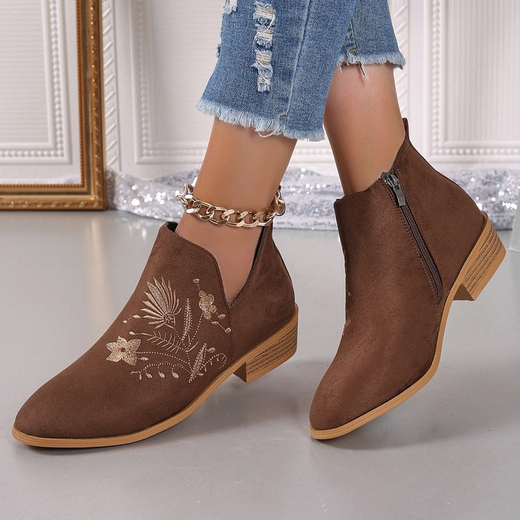 Brown ankle boots with floral embroidery on a light background