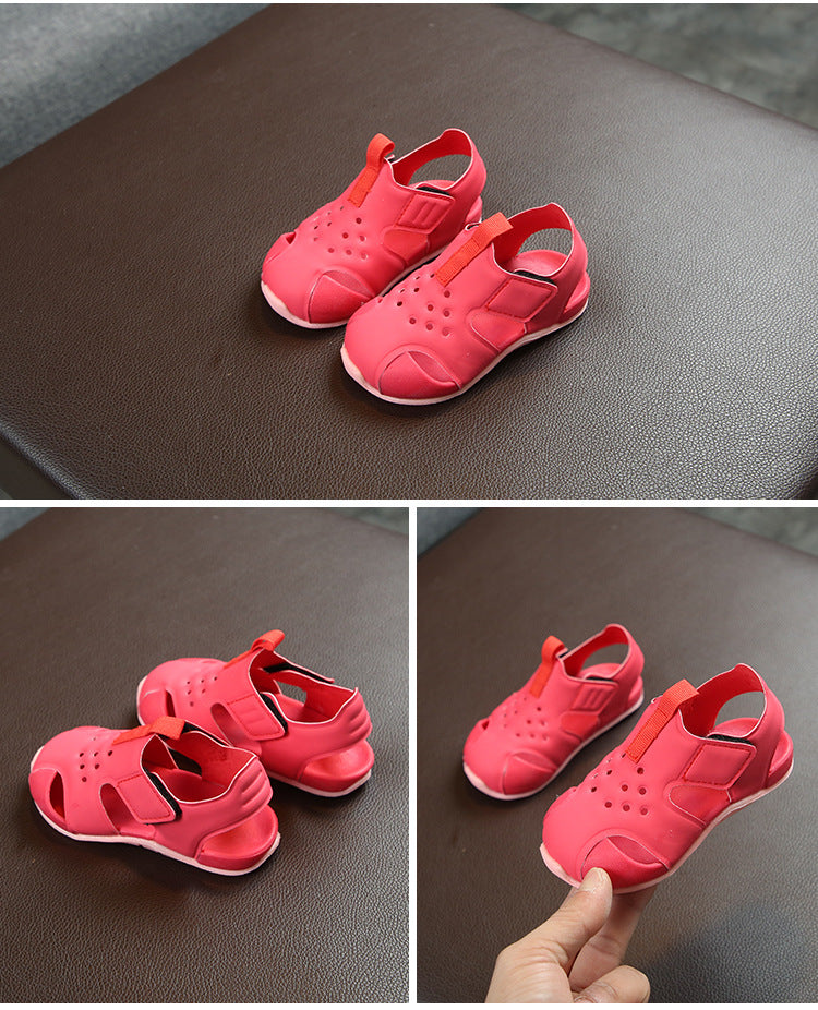 Collage of red children's sandals on a brown surface