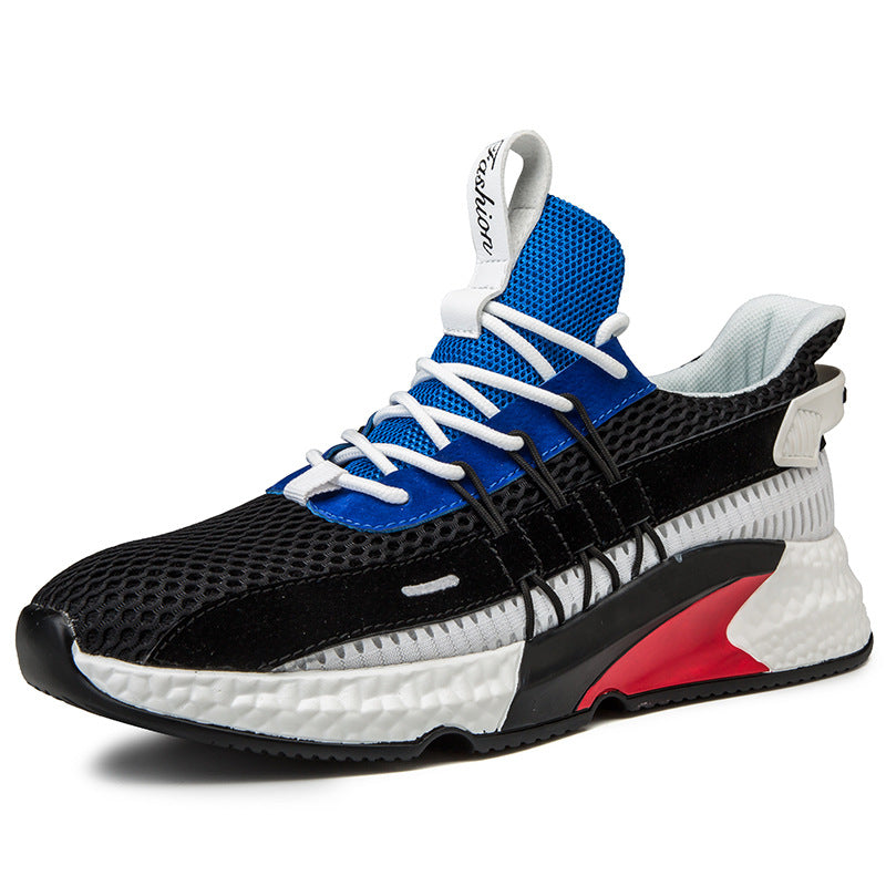Multicolor sneaker with black, blue, white, and red design on a white background