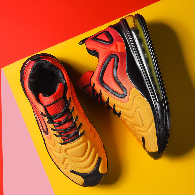Orange and black sneakers on a colorful geometric background