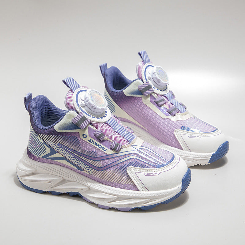 Pair of purple and white sneakers with blue accents on a light gray background