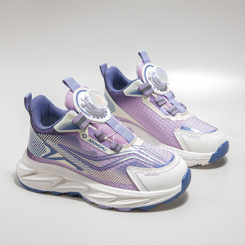 Pair of purple and white sneakers with blue accents on a light gray background
