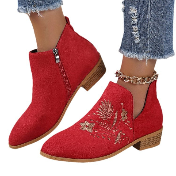 Red ankle boots with floral embroidery on a white background