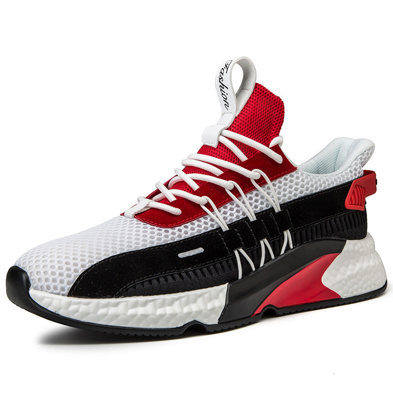 Red, black, and white sneaker on a white background
