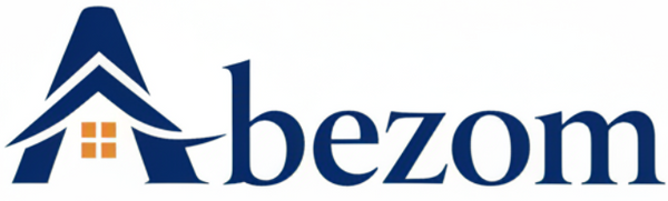 The Abzom logo, featuring a stylized dark blue house icon with a small orange window and the word 'bezom' in dark blue, centered on a plain white background.