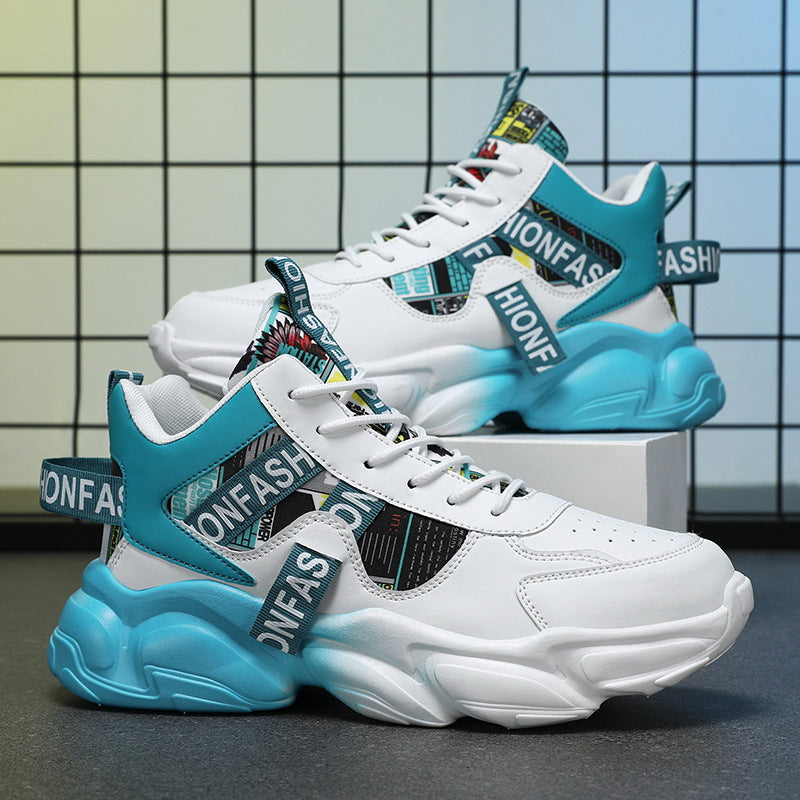 White and blue sneakers with 'ONFASHION' branding on a grid background
