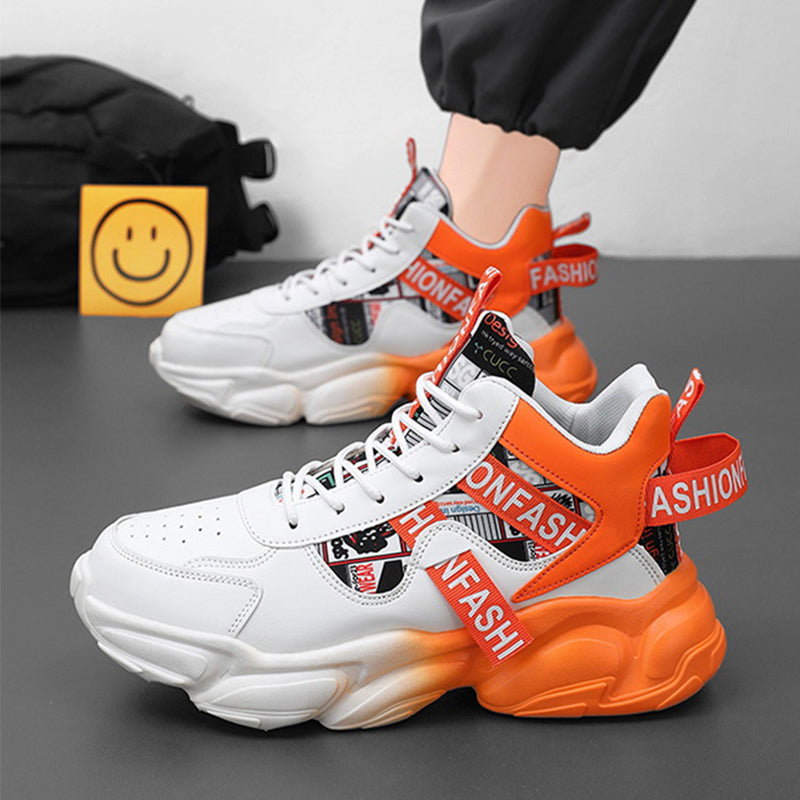 White and orange sneakers with 'ONFASH' branding on a gray surface.
