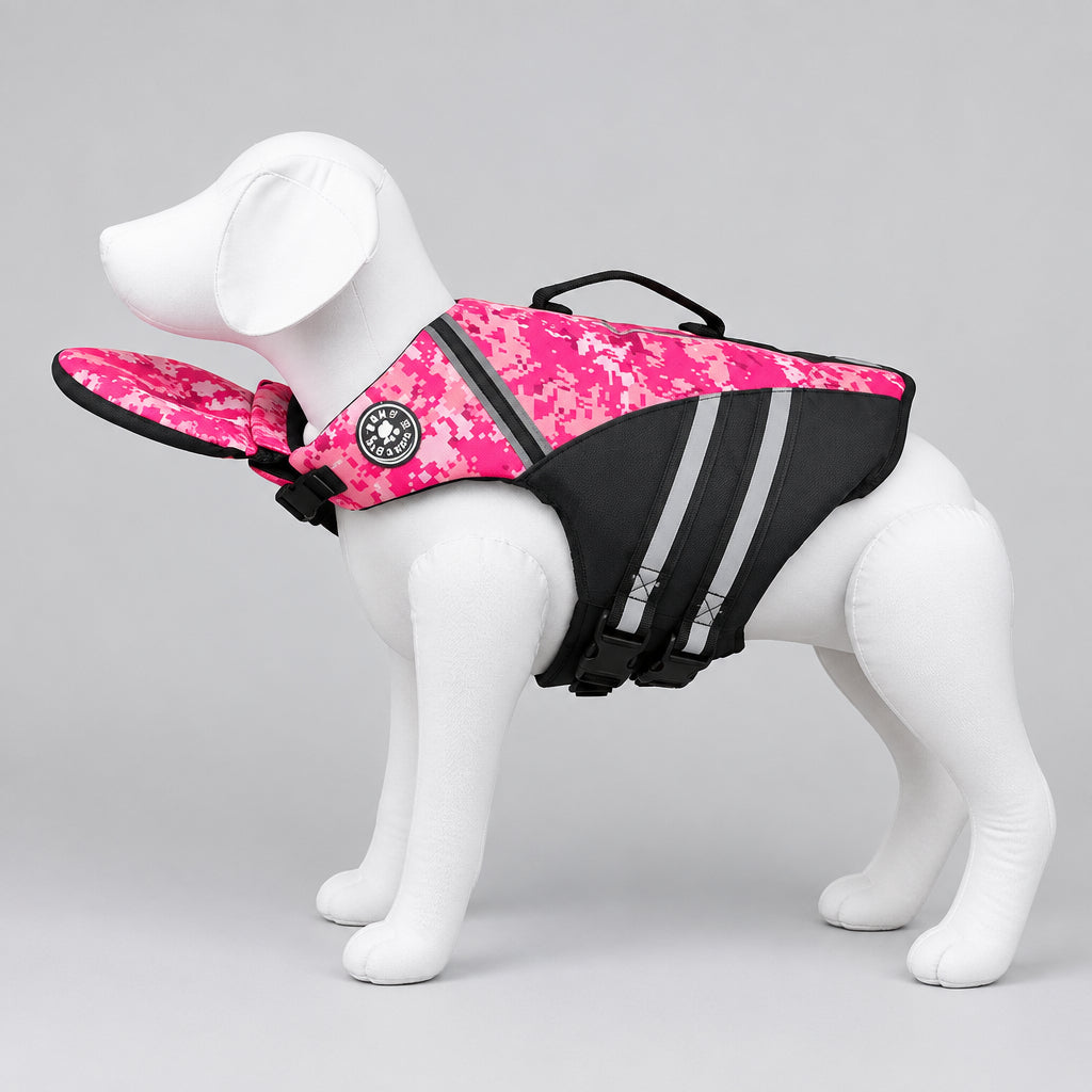 Pink camo dog life jacket with rescue handle and reflective stripes for swimming safety UK