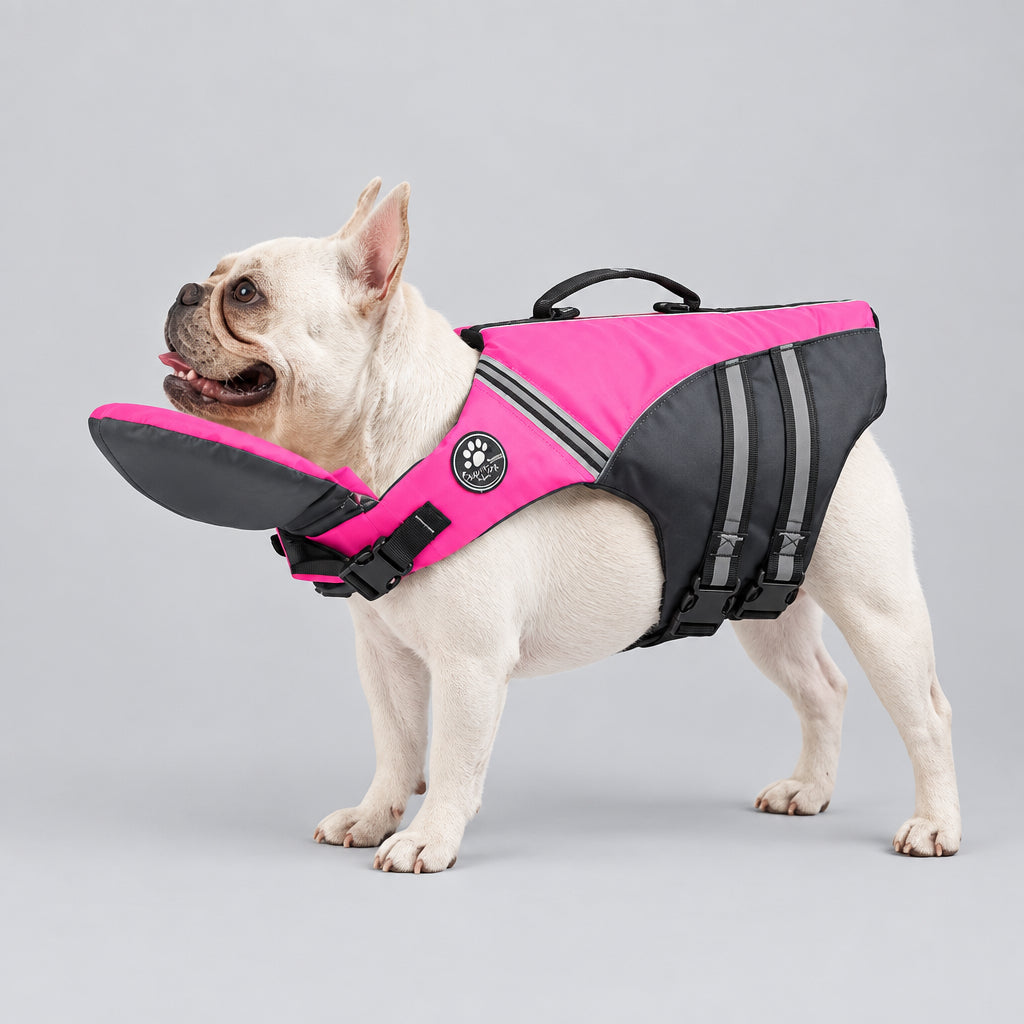French Bulldog wearing a pink dog life jacket with chin float support and grab handle UK