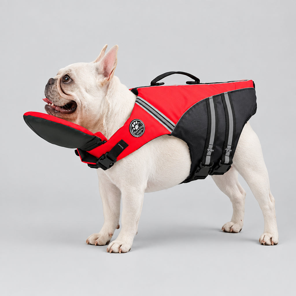 French Bulldog wearing a red dog life jacket with chin float support and grab handle UK.