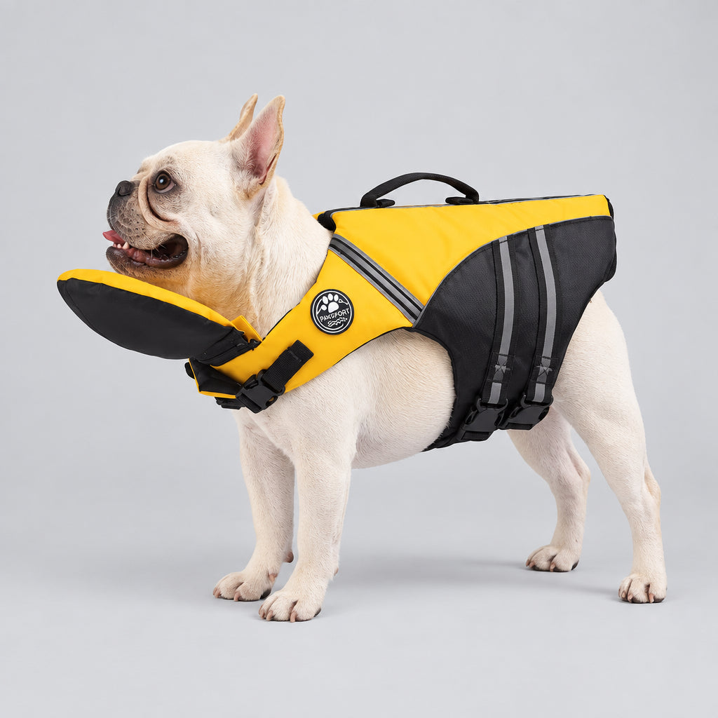 French Bulldog wearing a high-visibility yellow dog life jacket with chin float support and grab handle UK