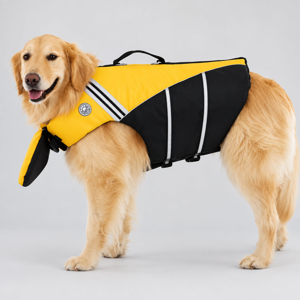 Yellow dog life jacket for swimming and outdoor water activities