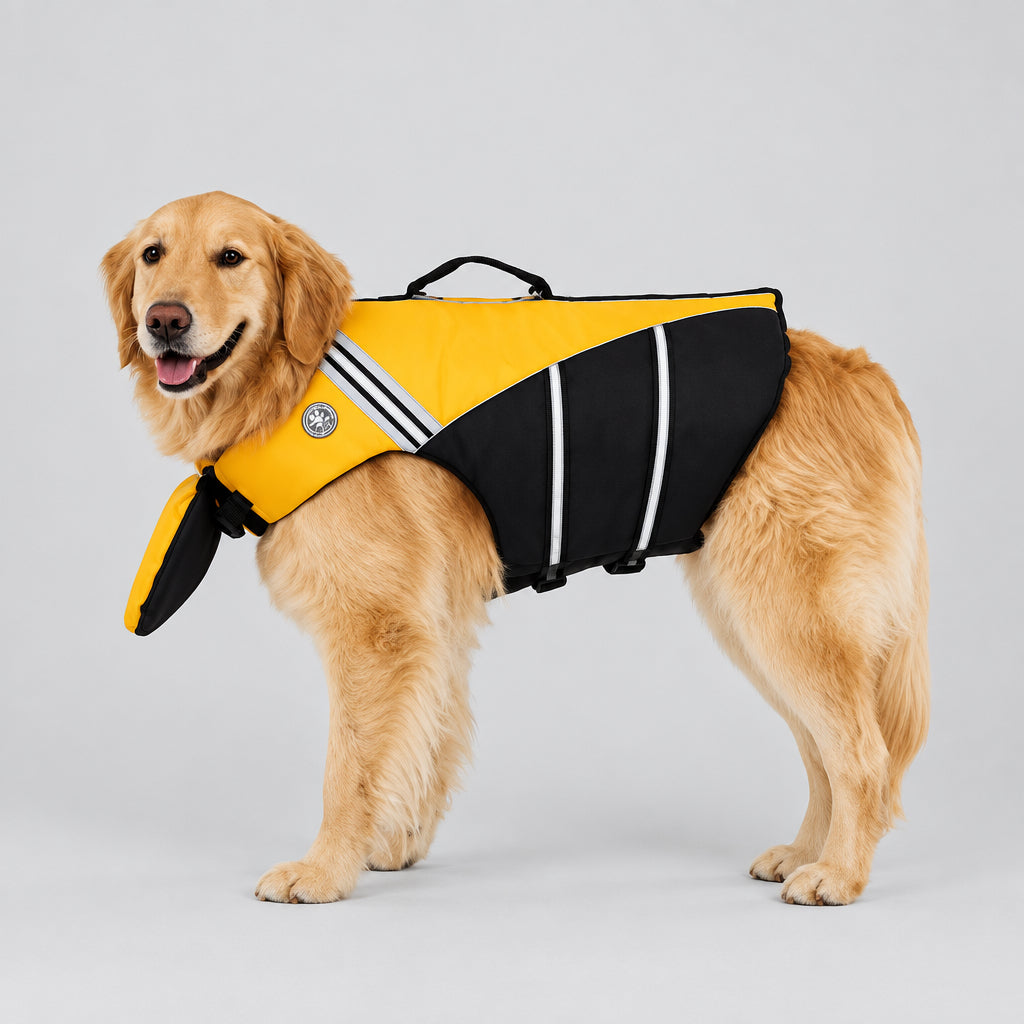 Golden Retriever wearing a high-visibility yellow dog life jacket with top grab handle and reflective straps UK